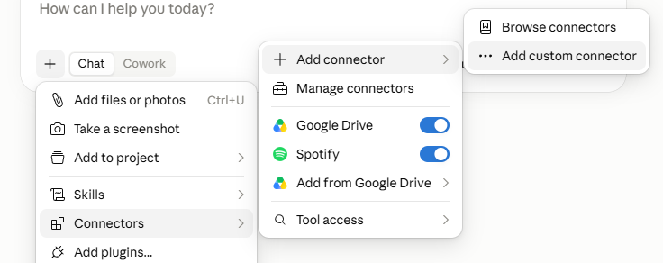 The + menu expanded to Connectors → Add connector → Add custom connector