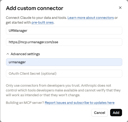 The Add custom connector dialog with Name, the mcp.urmanager.com/sse URL, and the OAuth Client ID set to urmanager under Advanced settings