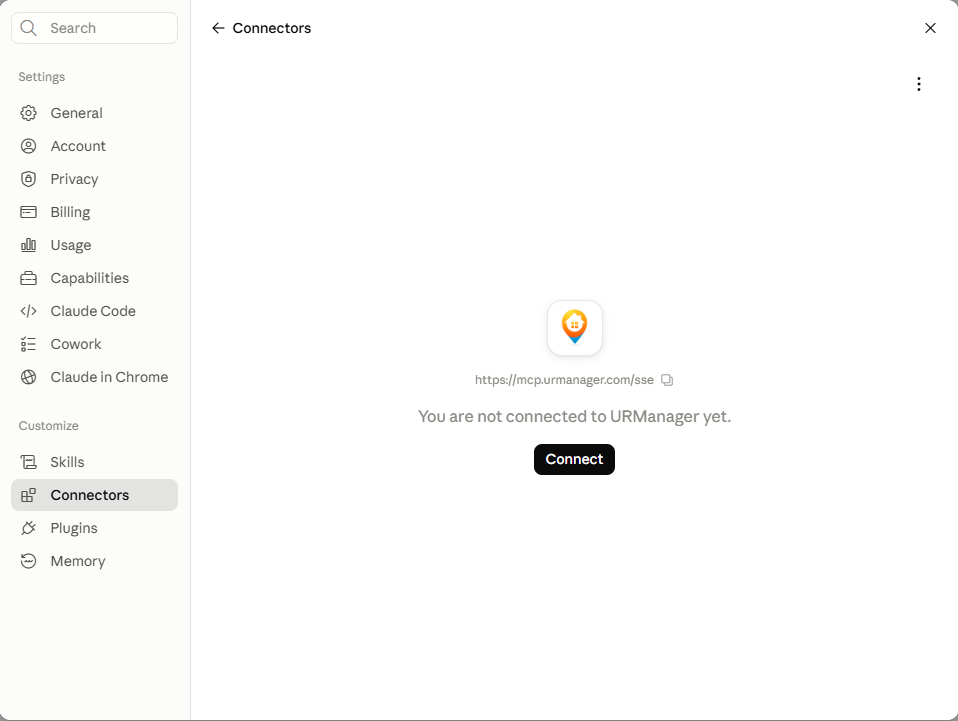 The URManager connector under Settings → Connectors showing “You are not connected to URManager yet” and a Connect button