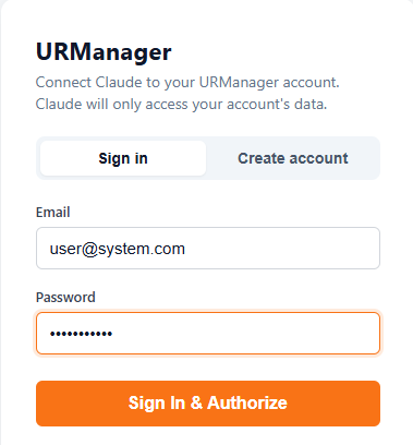 The URManager sign-in page with email and password fields and a Sign In & Authorize button