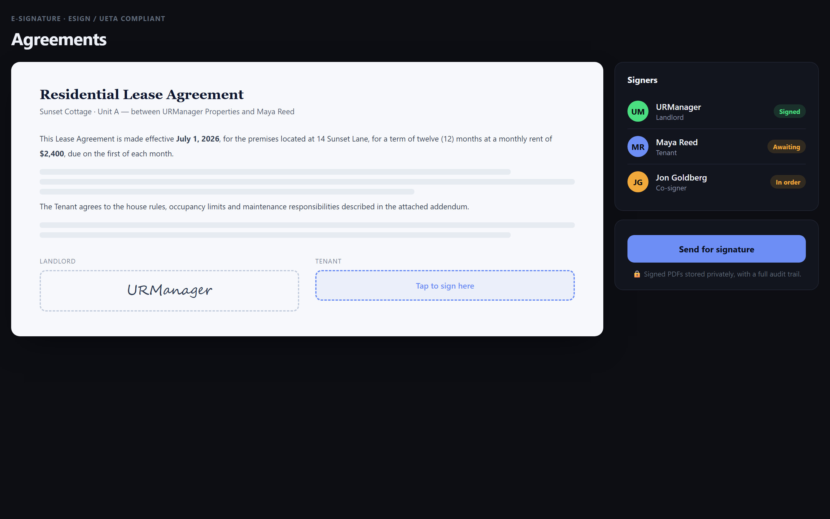 URManager lease agreement with signature fields and signer status