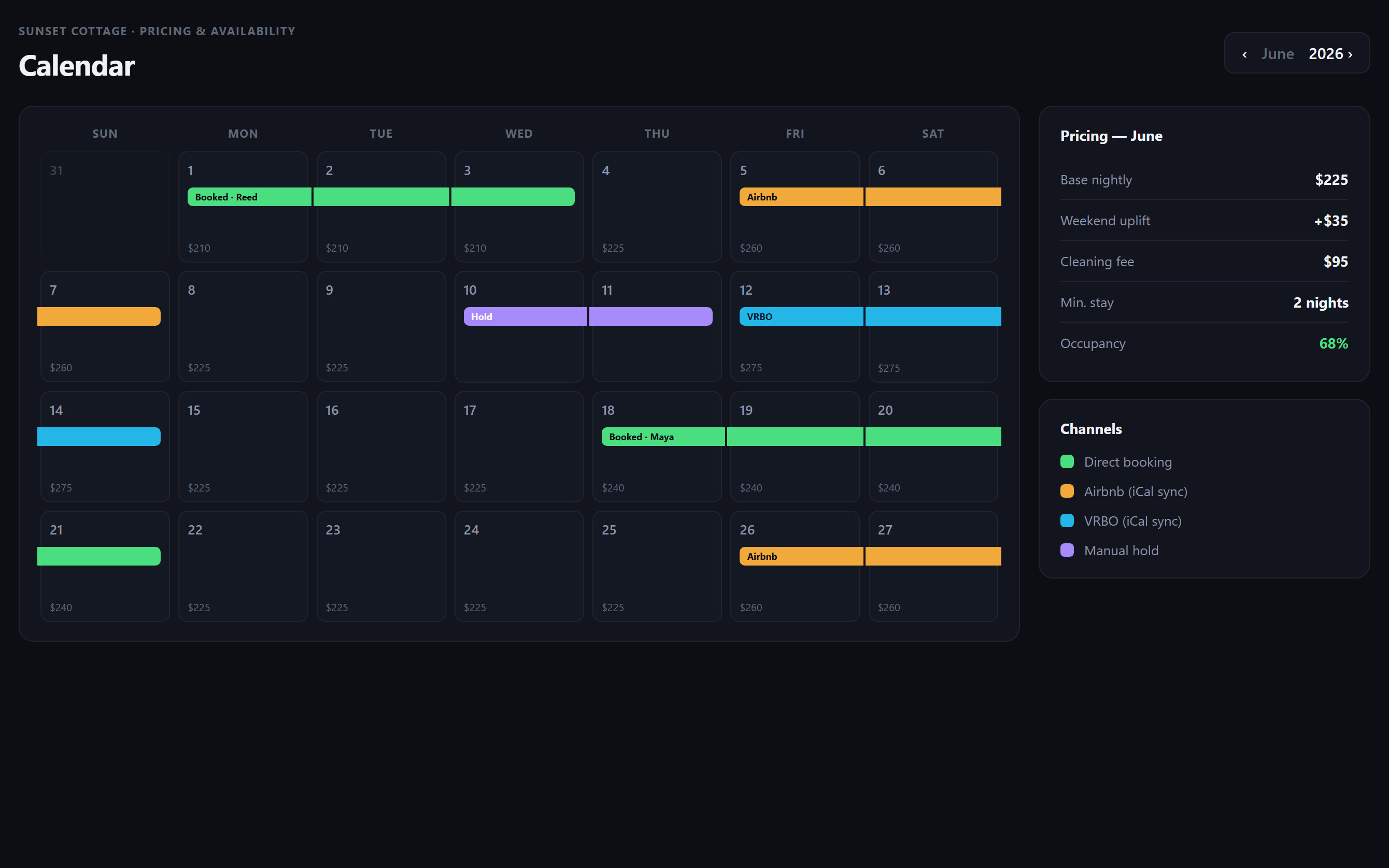 URManager booking calendar with color-coded channels, pricing and availability
