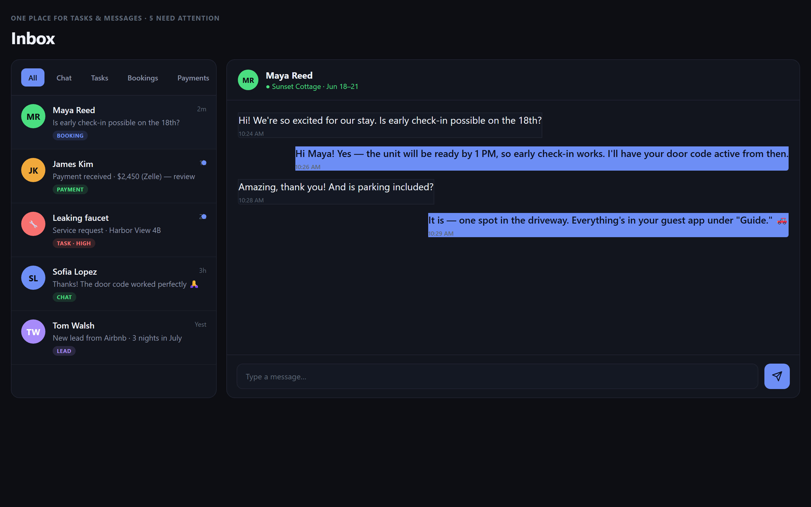 URManager unified inbox combining messages, tasks, bookings, payments and leads