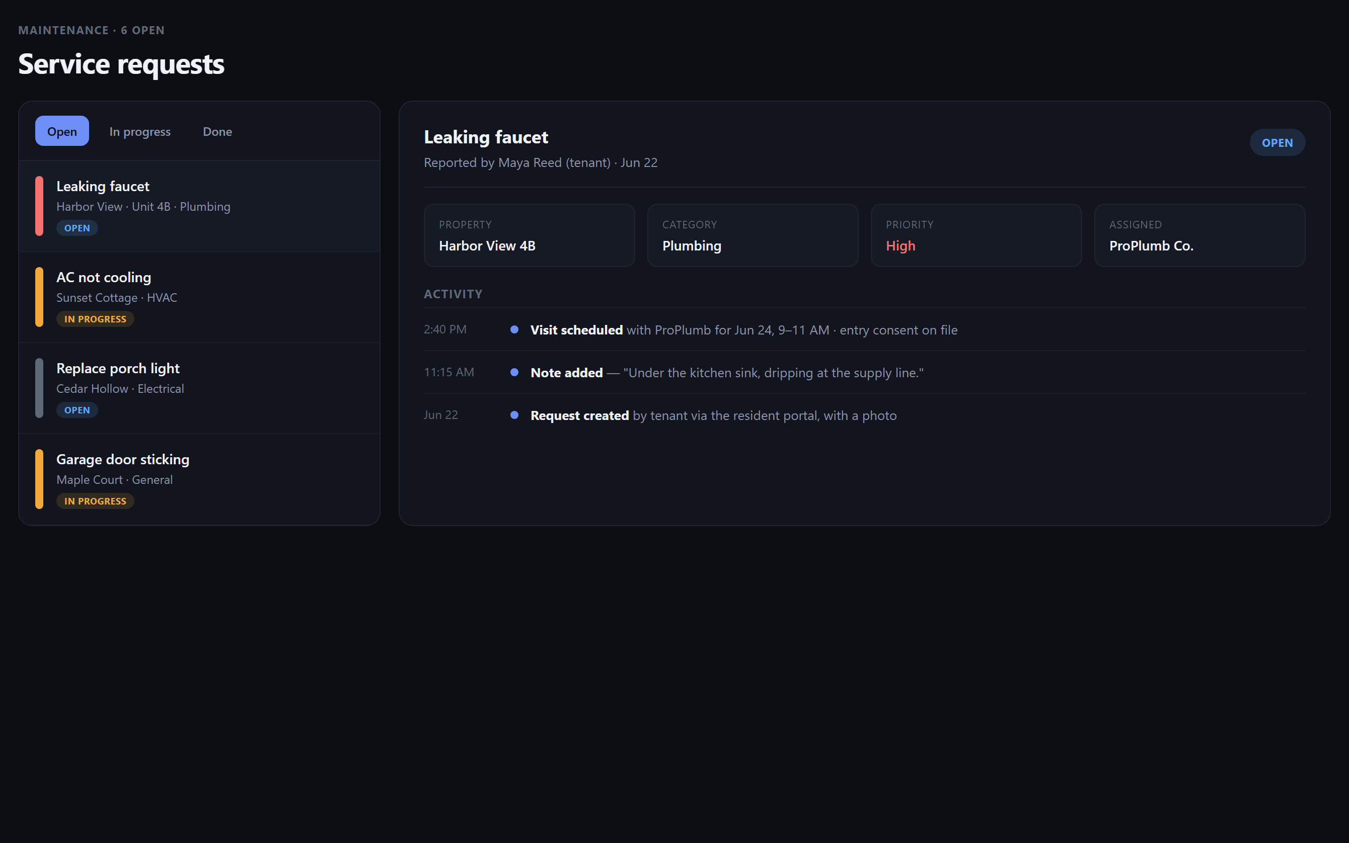 URManager service request queue and ticket detail with visits and activity