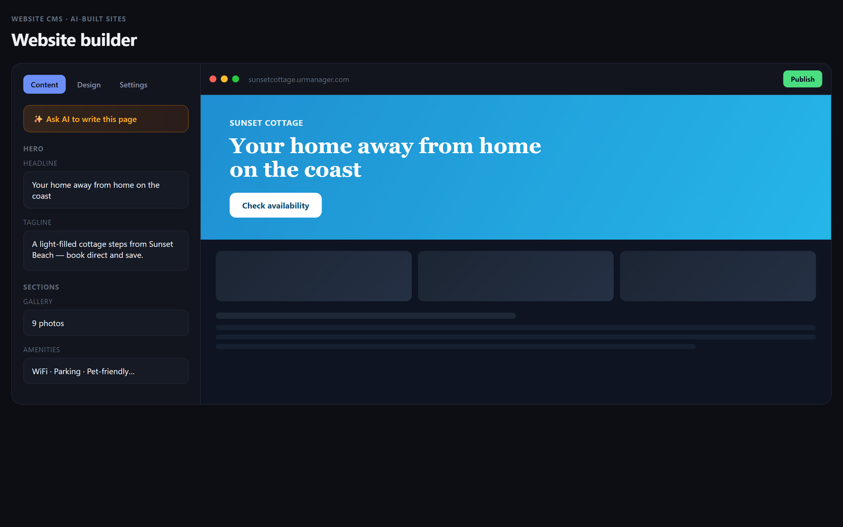 URManager website builder with a live preview of a property site