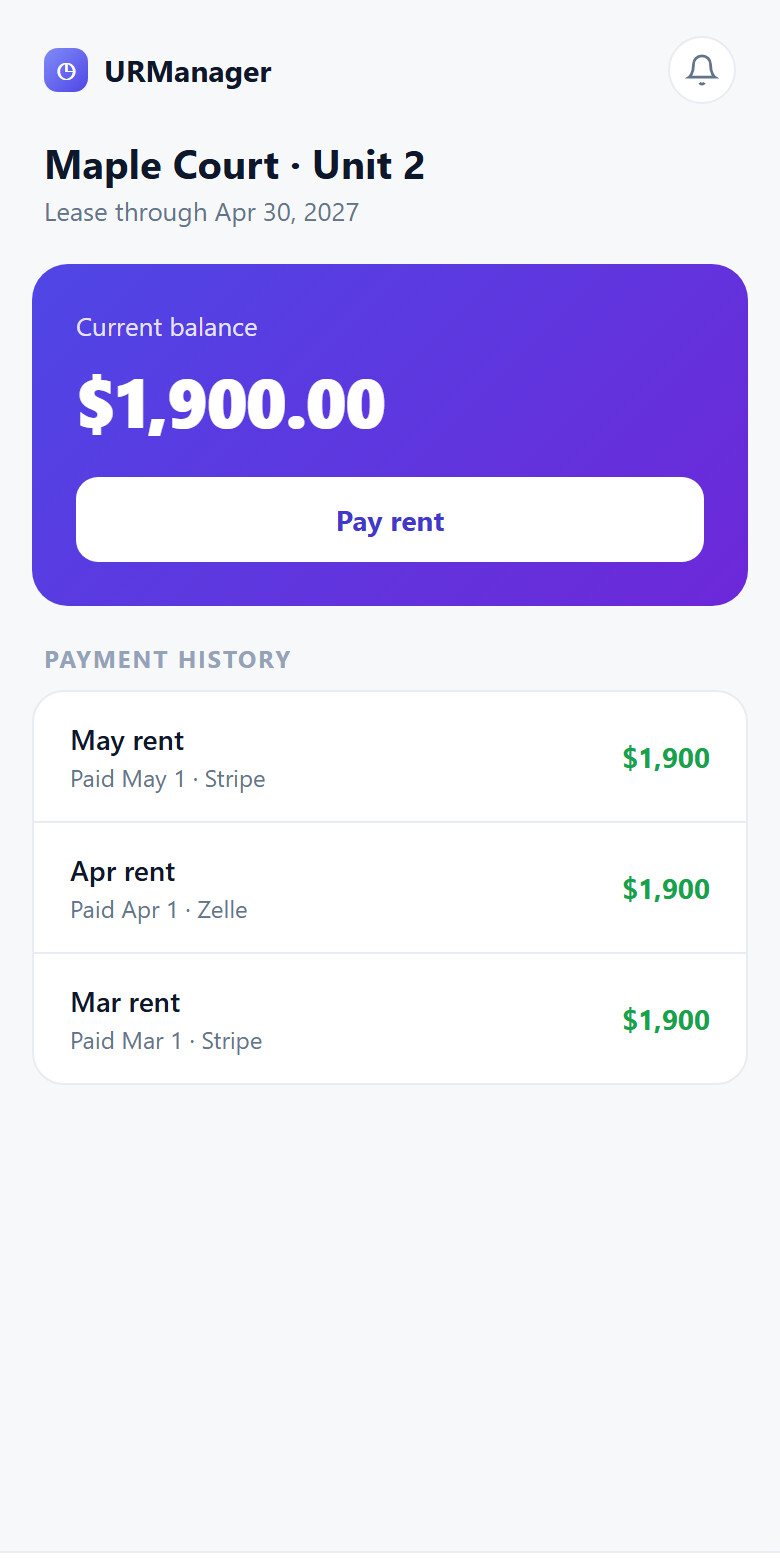 URManager tenant portal — rent balance, pay rent and payment history
